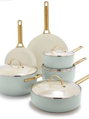 Cream Interior Mint Exterior Nonstick Cookware Set with Gold Handles